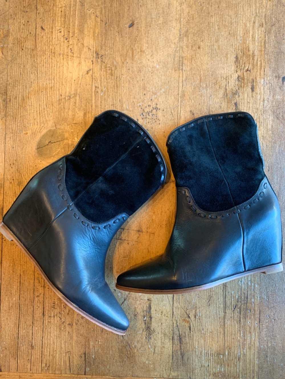 Martha Jones Women’s Black Two-Texture Wedge Ankle Booties